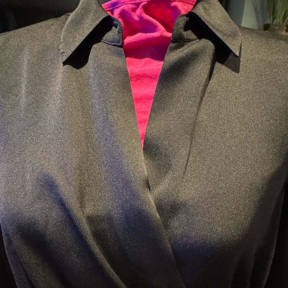 Black Blouse, V-neck, long sleeve with delicate ruffle.